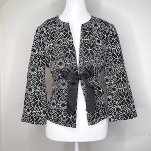 Vintage y2k Black White Floral Embroidered Bow Tie‎ Waist Jacket Blazer Size 6
